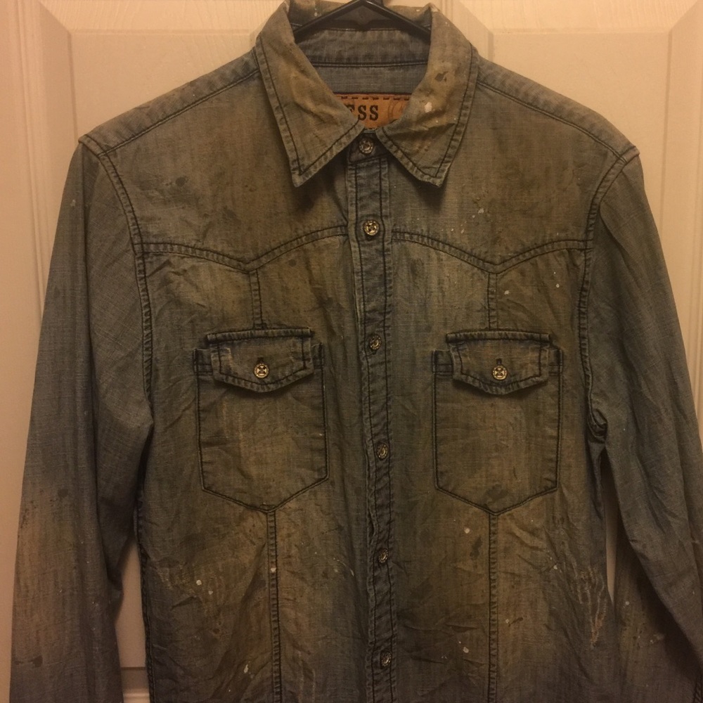 Guess distressed denim button down